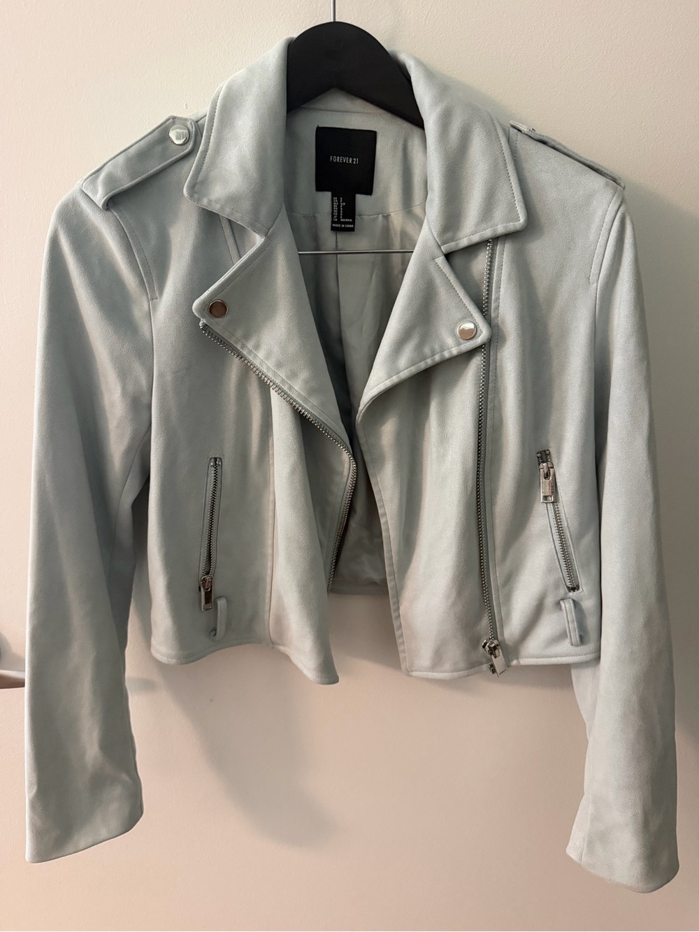 Forever 21 Pale Blue Cropped Moto Jacket